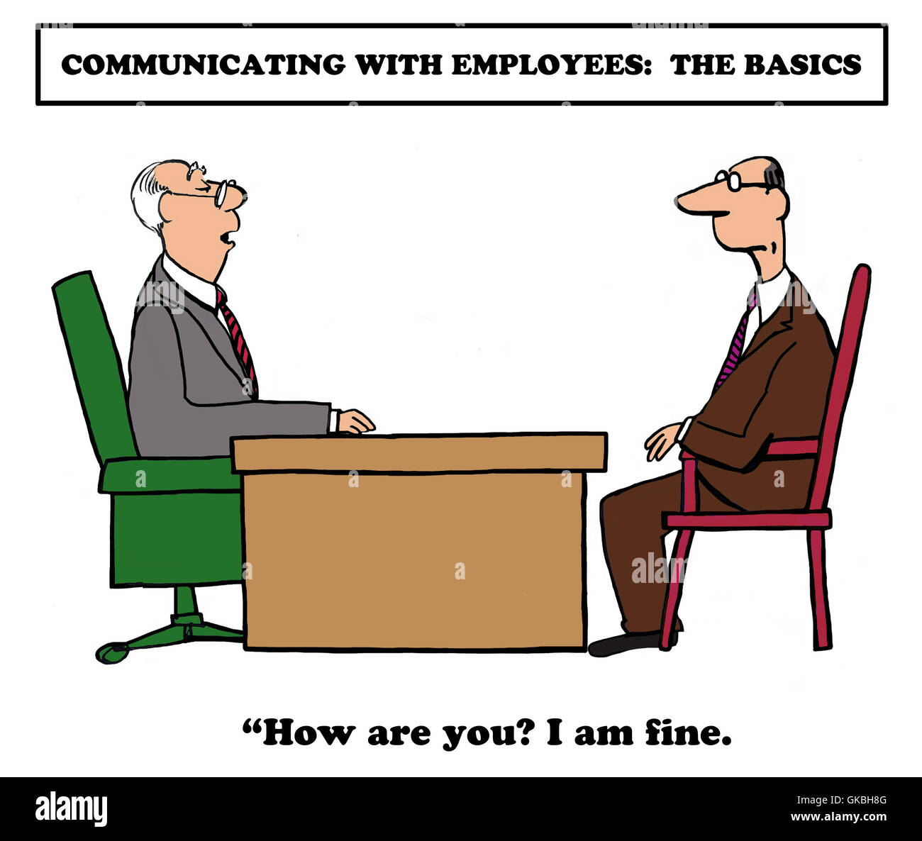 Geschäftliche Cartoon über die Grundlagen der Kommunikation mit Mitarbeitern. Stockfoto