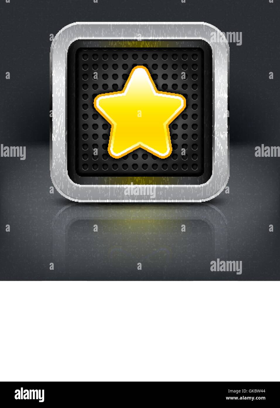 Gelben gold Stern mit Metallrahmen Chrom. Gerundete Quadrat-Taste mit Perforation Textur, schwarzen Schlagschatten und Reflexion Stock Vektor