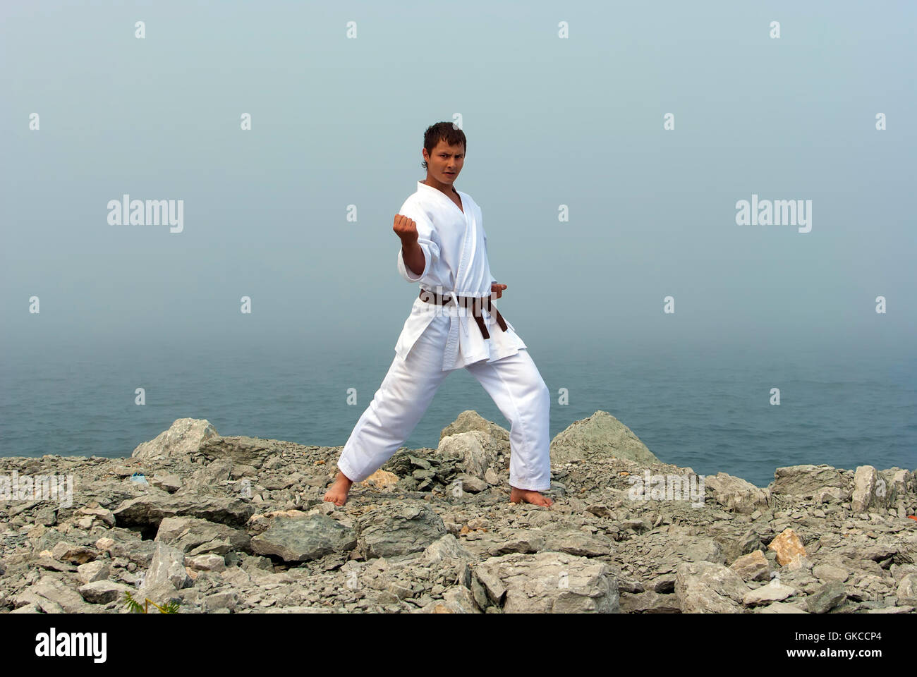 Karate-Züge an den Ufern des nebligen Meer Stockfoto