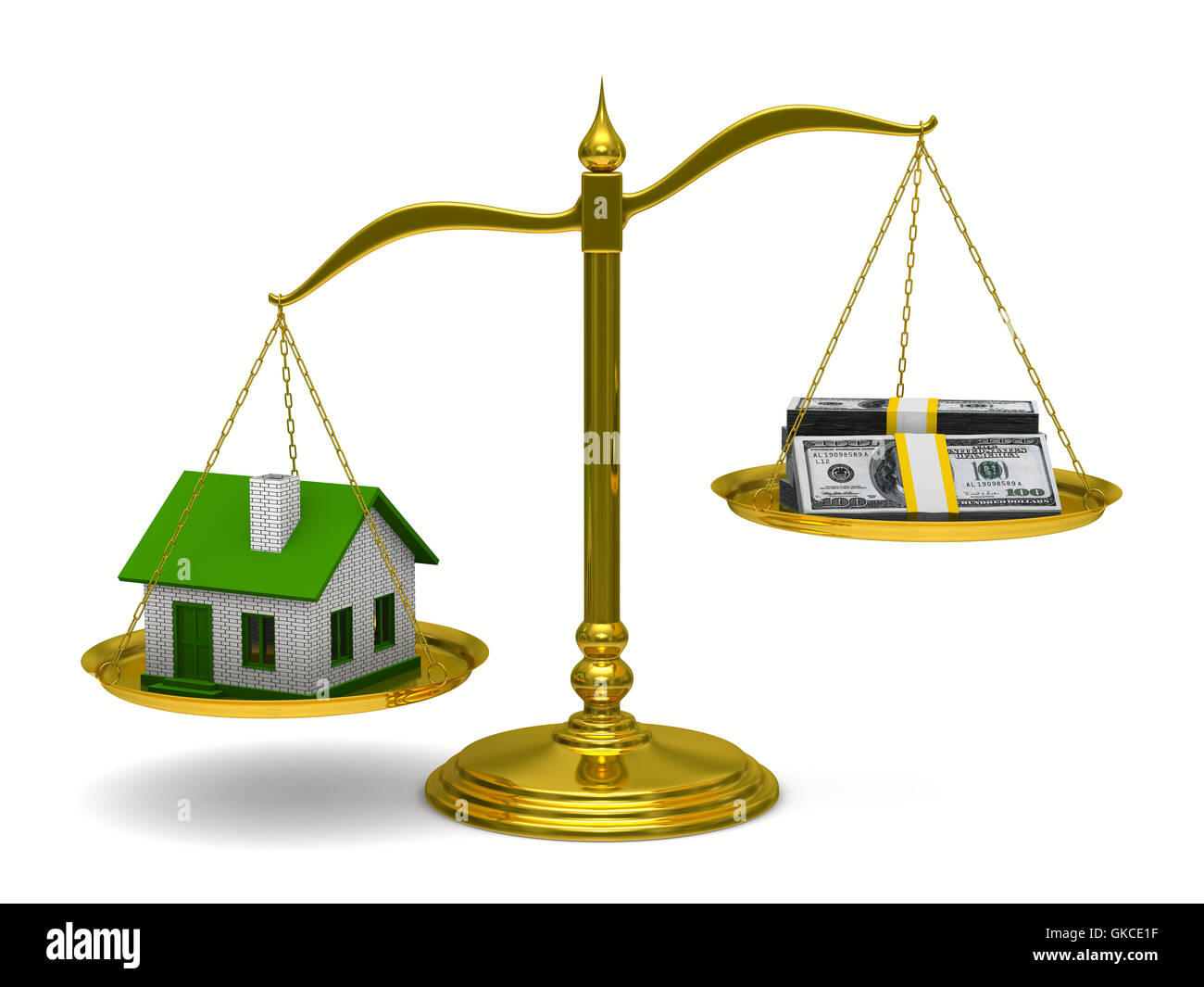 Haus und Geld auf Skalen. Isolierte 3D-Bild Stockfoto