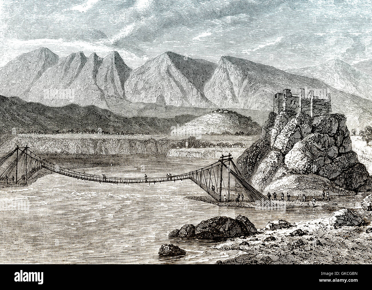Hängebrücke über Alaknanda Fluß, Srinagar, Pauri Garhwal Bezirk, indischen Bundesstaat Uttarakhand, 19. Jahrhundert Stockfoto