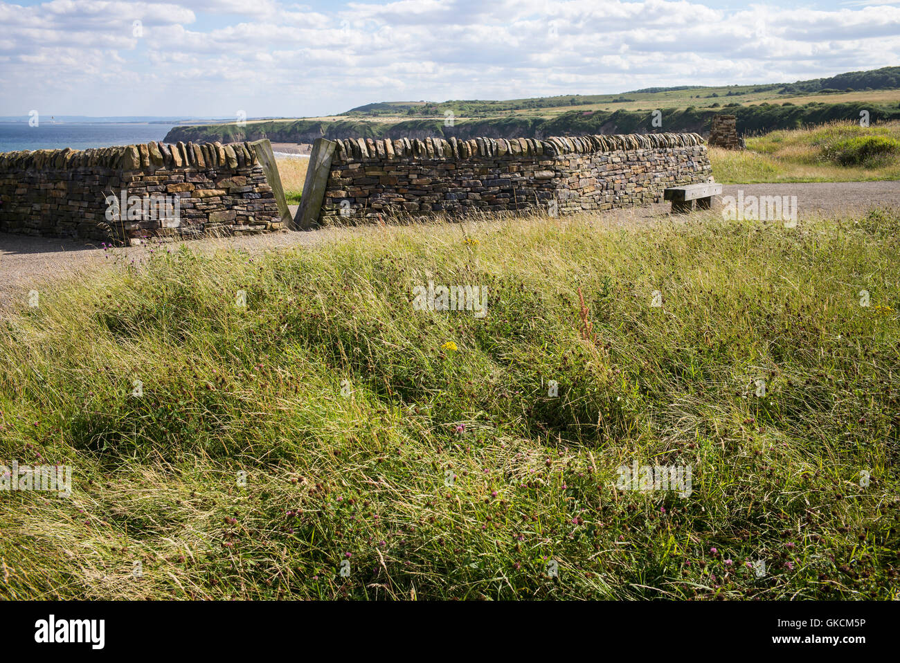 Steinmauer und Meerblick an der Nasenspitze, Dawdon, Seaham, County Durham, UK Stockfoto