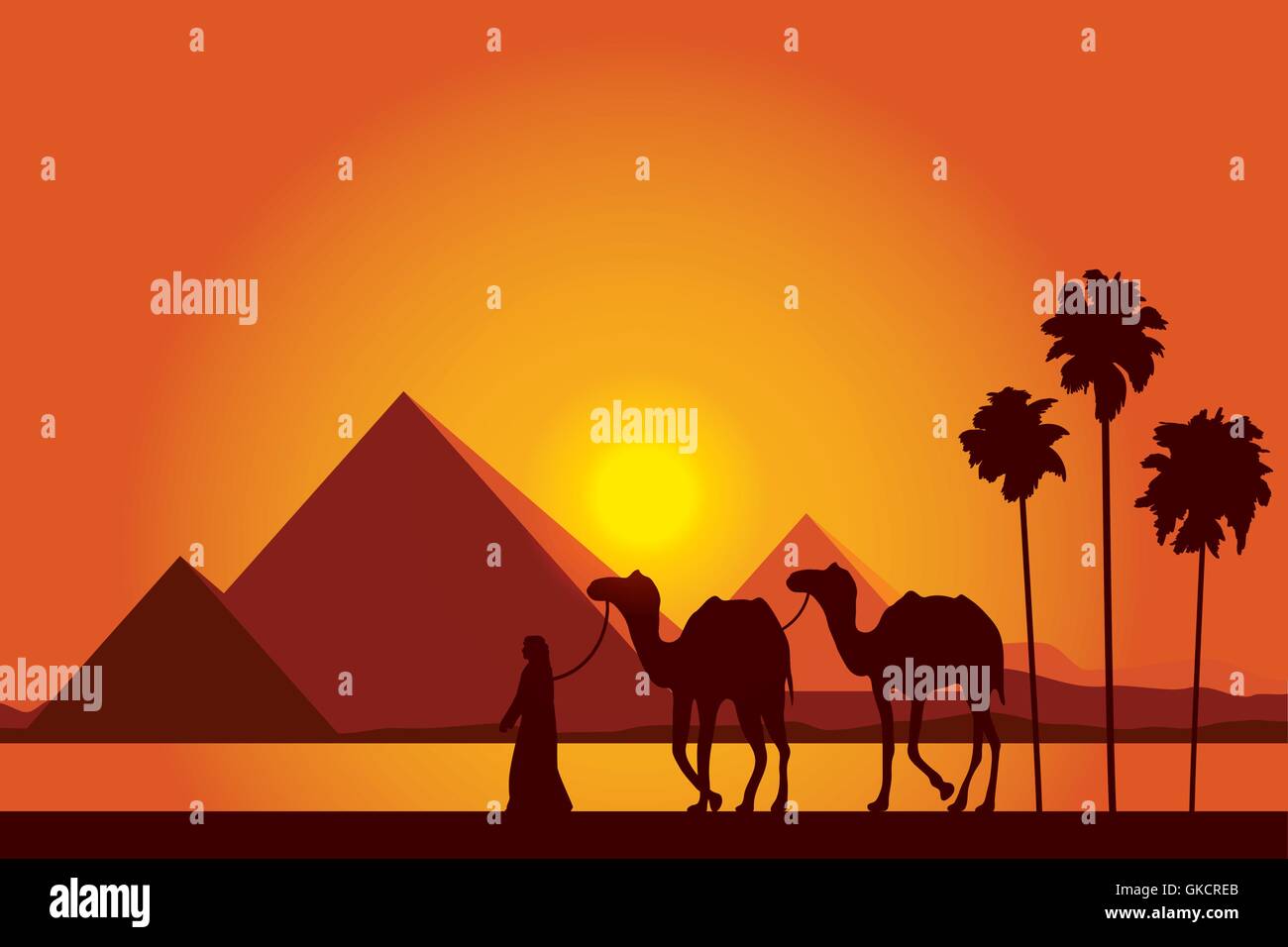 Ägypten-Pyramiden mit Kamel-Karawane auf Sonnenuntergang Hintergrund Stock Vektor