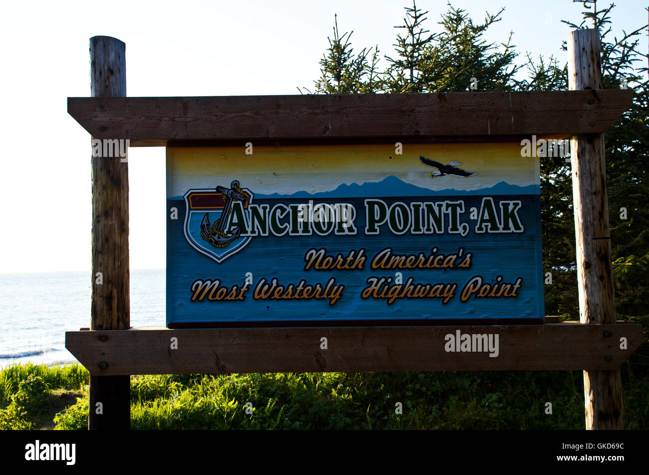 Zeichen für "Nord Amerika am meisten westlich gelegenen Autobahn Point" am Ankerpunkt, Cook Inlet, Halbinsel Kenai, Alaska Stockfoto