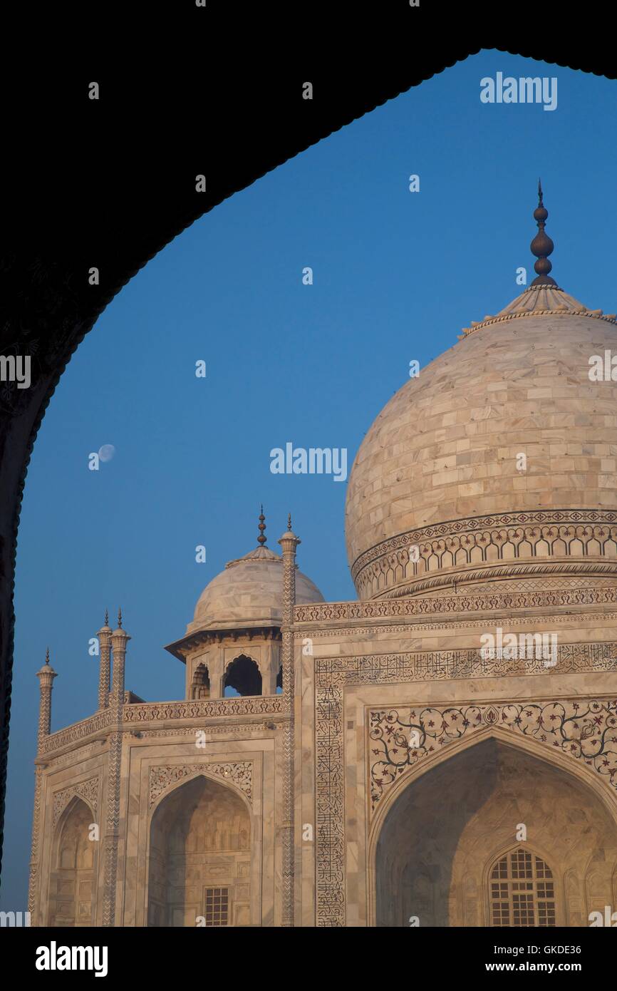 Taj Mahal bei Sonnenaufgang, UNESCO-Weltkulturerbe, Agra, Uttar Pradesh, Indien, Asien Stockfoto