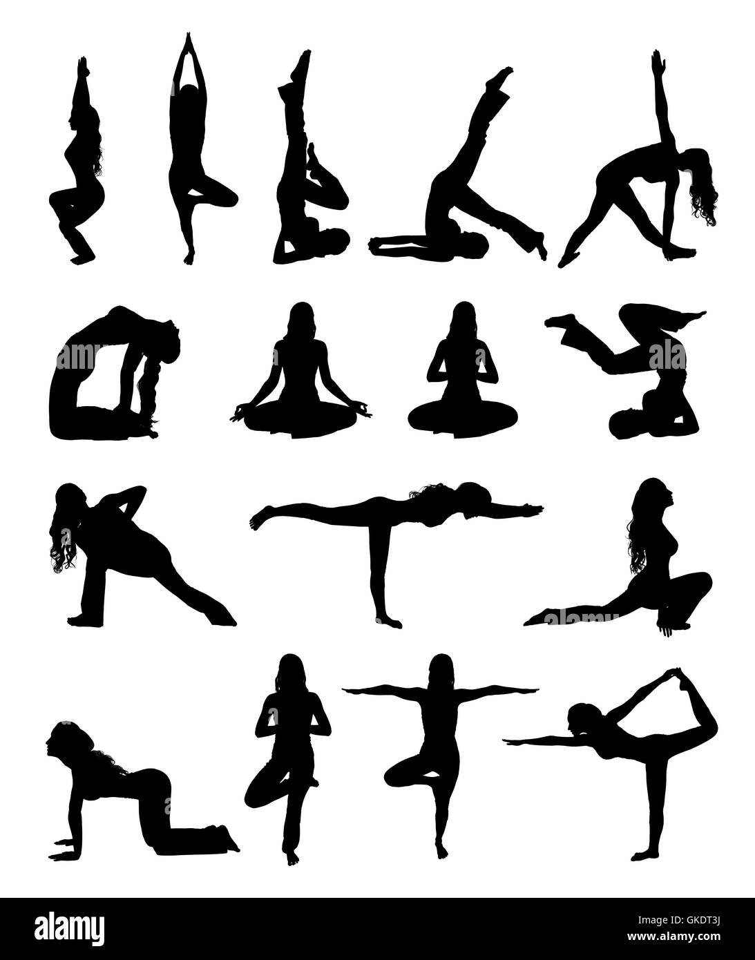 Satz von Sihouette Frau Yoga Übung isoliert auf weißem Hintergrund Stockfoto