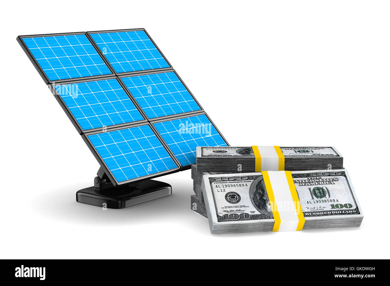 Solar-Akku und Bargeld auf weißem Hintergrund. Isolierte 3D-Bild Stockfoto