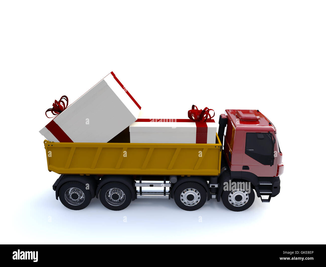 großer LKW mit großen Geschenken Stockfoto