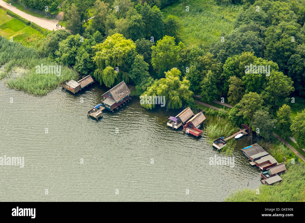 Luftbild, Bootshäuser am See Krakau, Krakau Lakelands, See Krakow, Krakow am See, Mecklenburgische Seenplatte, Stockfoto Luftbild, Bootshäuser am See Krakau, Krakau Lakelands, See Krakow, Krakow am See, Mecklenburgische Seenplatte, Stockfoto