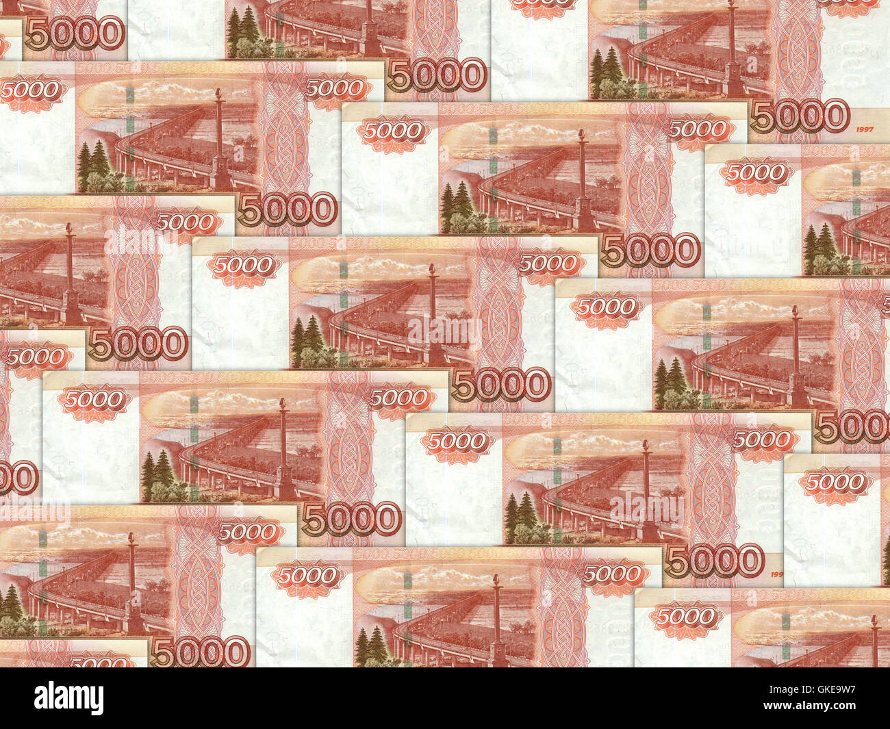 Hintergrund des Geld Haufen 5000 russische Rubel Stockfoto