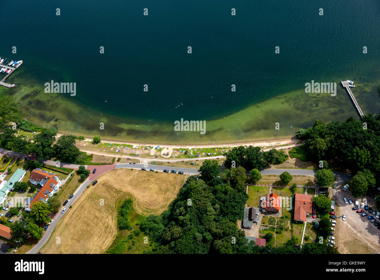 Luftaufnahme, Seelust Plau mit einem Strand, Bucht, Mecklenburgische Seenplatte, Plau, gelegentlich Schweiz Stockfoto