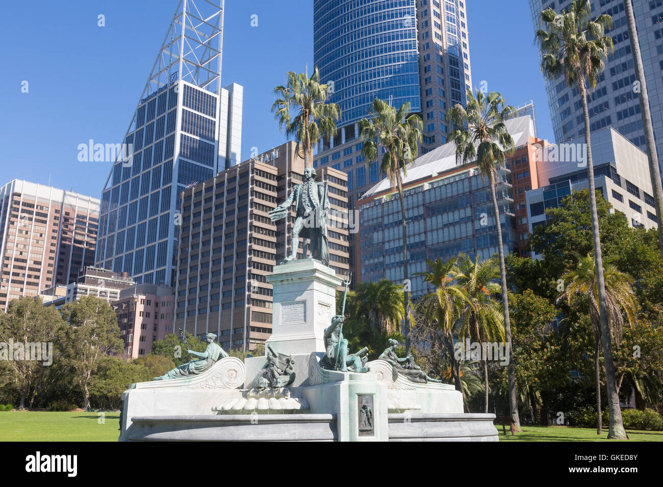 Sydney Royal Botanic Gardens und Statue des ersten Gouverneur Arthur Phillip, Stadtzentrum von Sydney, Australien Stockfoto