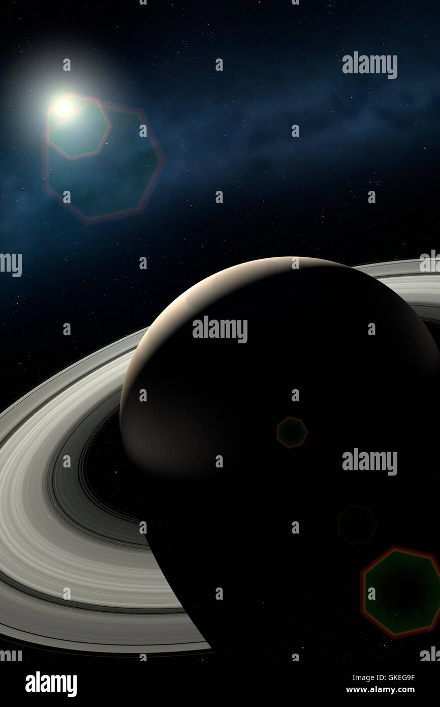 Einen Eindruck von den Halbmond Saturn mit der Sonne aus in der Ferne. Die Nachtseite des Planeten wird teilweise durch Sonnenlicht reflektiert die hellen Ringe – ein Effekt, bekannt als Ringshine beleuchtet. Stockfoto