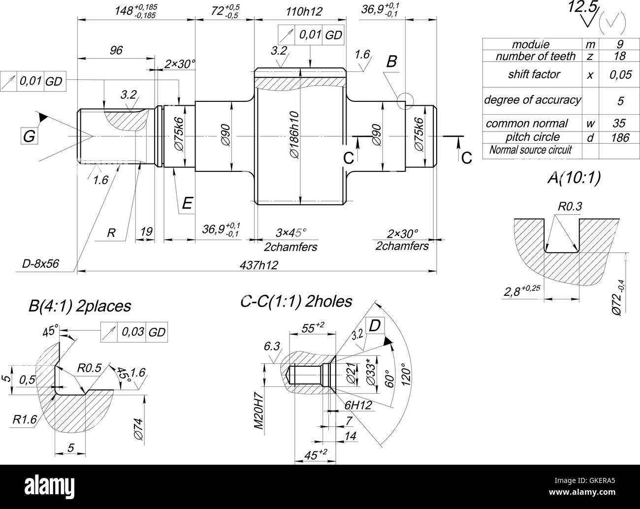 Technische Zeichnung Einer Welle Welle Skizze mit Schraffuren. Engineering-Zeichnung Stock-Vektorgrafik