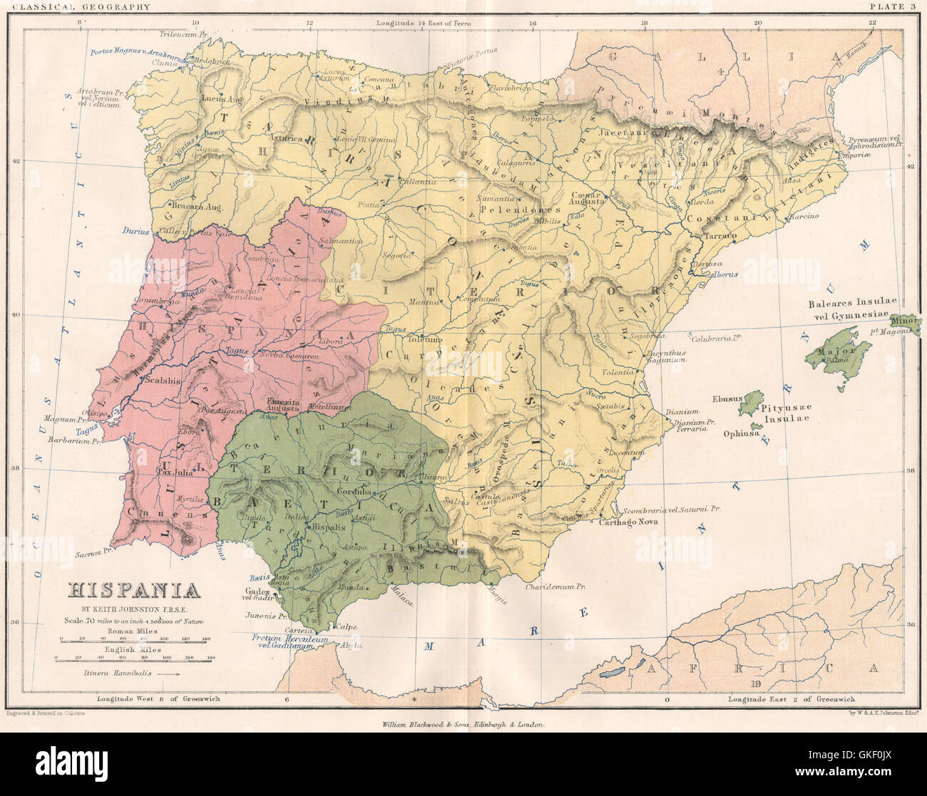 "Hispania". Alten Iberia. Lusitania Baetica Tarraconensis. JOHNSTON, 1855-Karte Stockfoto
