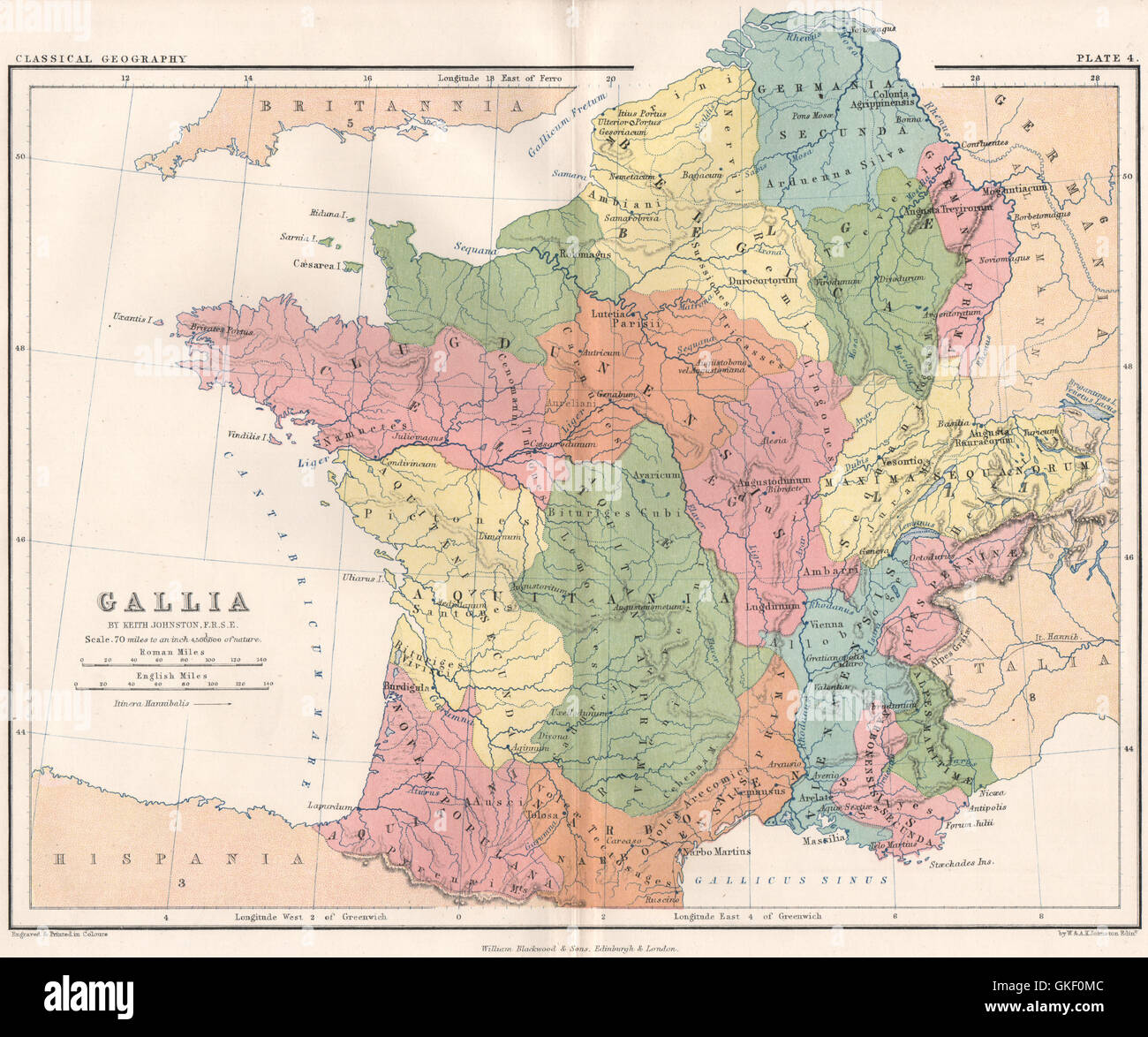 "Gallia". Antiken Frankreich/Gallien. Aquitania Lugdunensis Belgern. JOHNSTON, 1855-Karte Stockfoto
