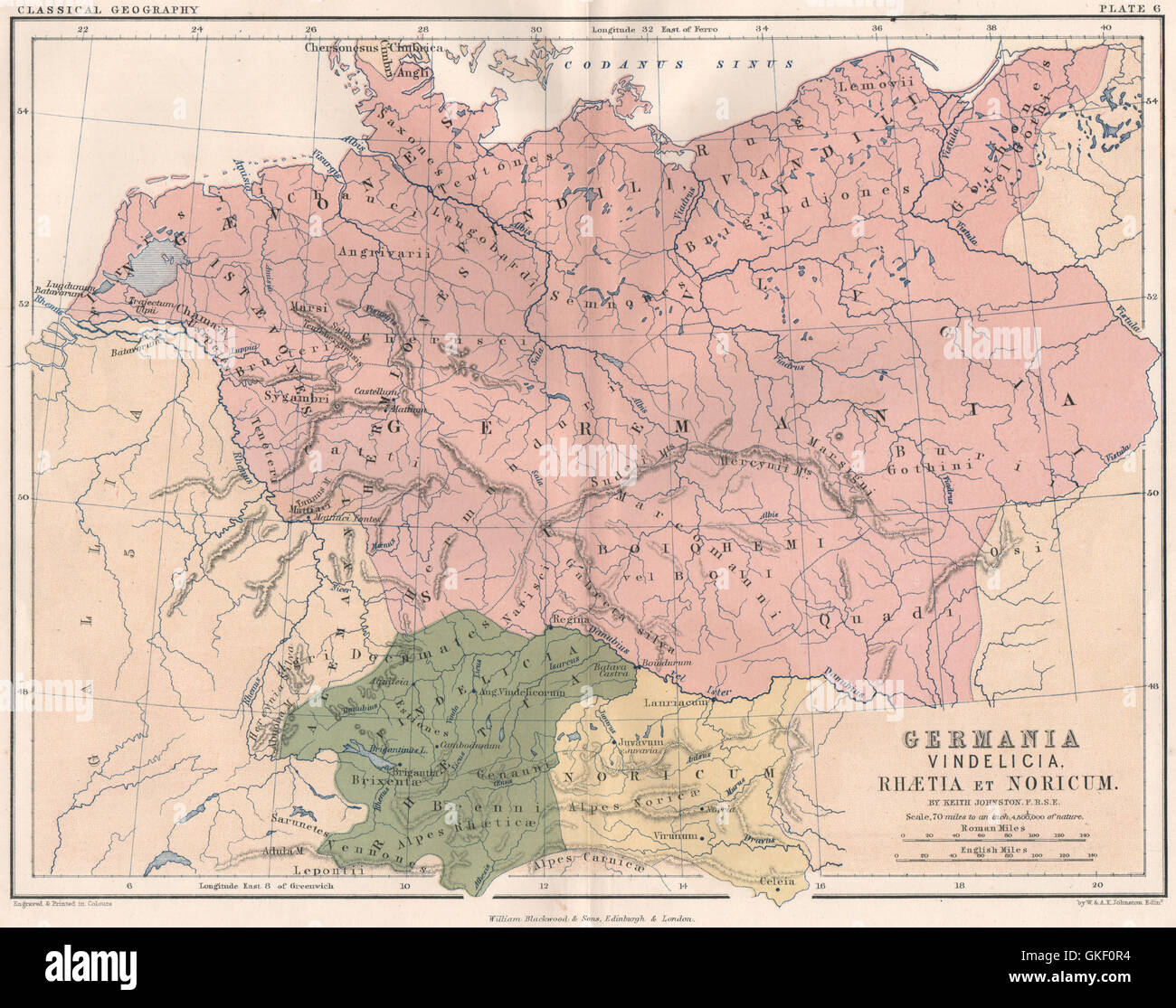 "Germania Vindelicia. Rhaetia et Noricum ". Alt-Deutschland. JOHNSTON, 1855-Karte Stockfoto