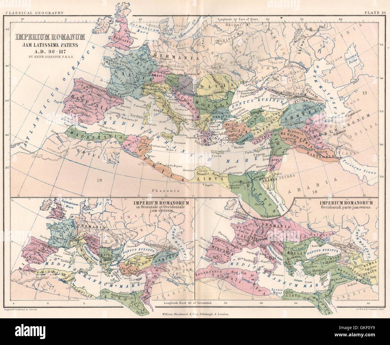 "Imperium Romanum". Römische Reich an seinem größten Umfang 98-117 n. Chr., 1855 Karte Stockfoto