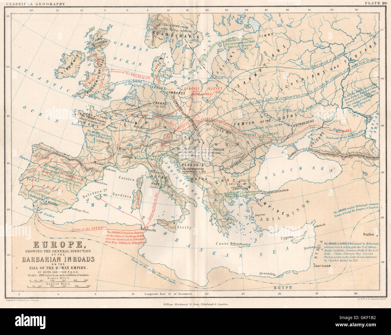 Barbarian Invasion Europas nach dem Sturz des römischen Reiches. JOHNSTON, 1855-Karte Stockfoto