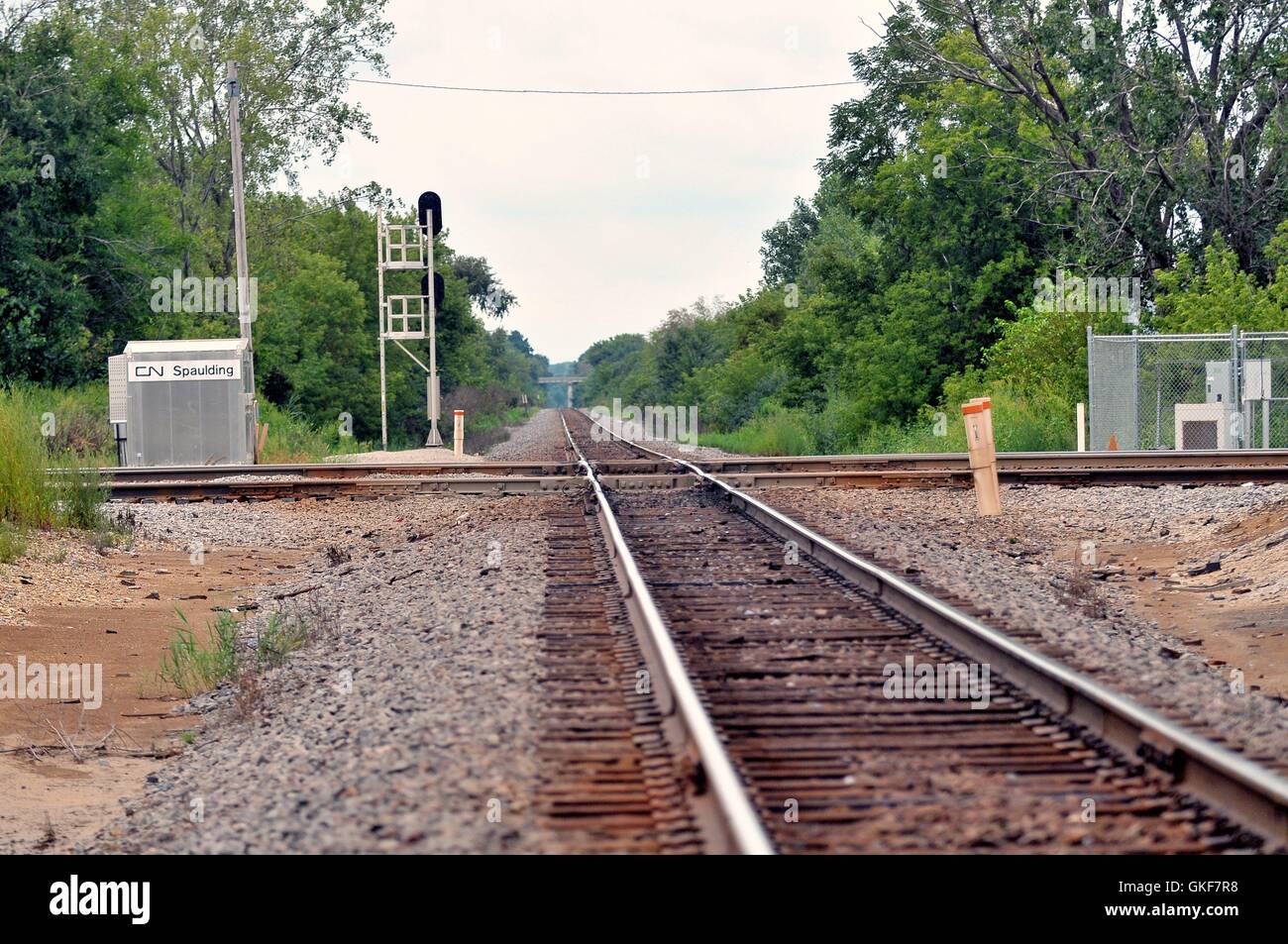 Zu den Zugaktivitäten in der Nähe von Elgin, Illinois, gehören Zuggleise von zwei Bahnstrecken, die in der Nähe des Vororts Chicago kreuzen. USA. Stockfoto