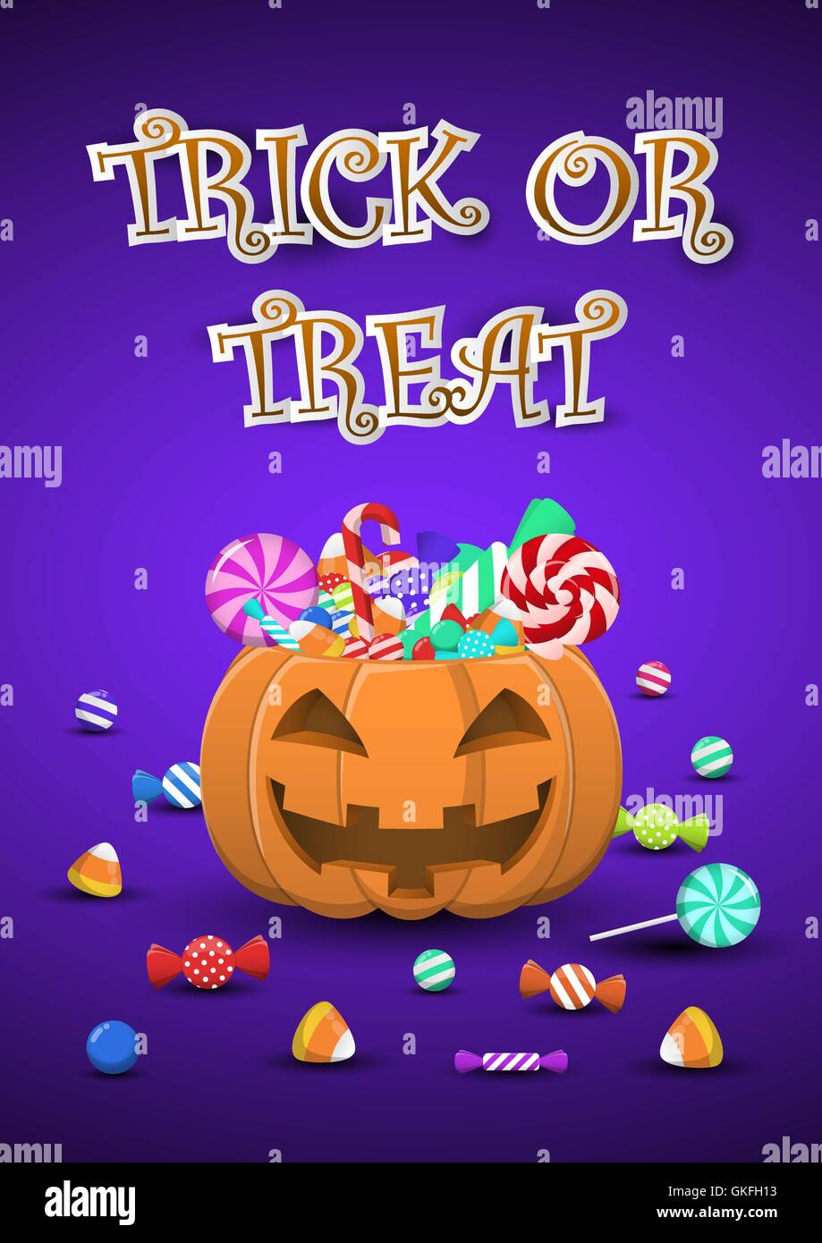 Halloween Süßigkeiten und Bonbons in Kürbis Eimer mit Süßes oder Saures Wort, Halloween-Hintergrund-Postkarte Stock Vektor