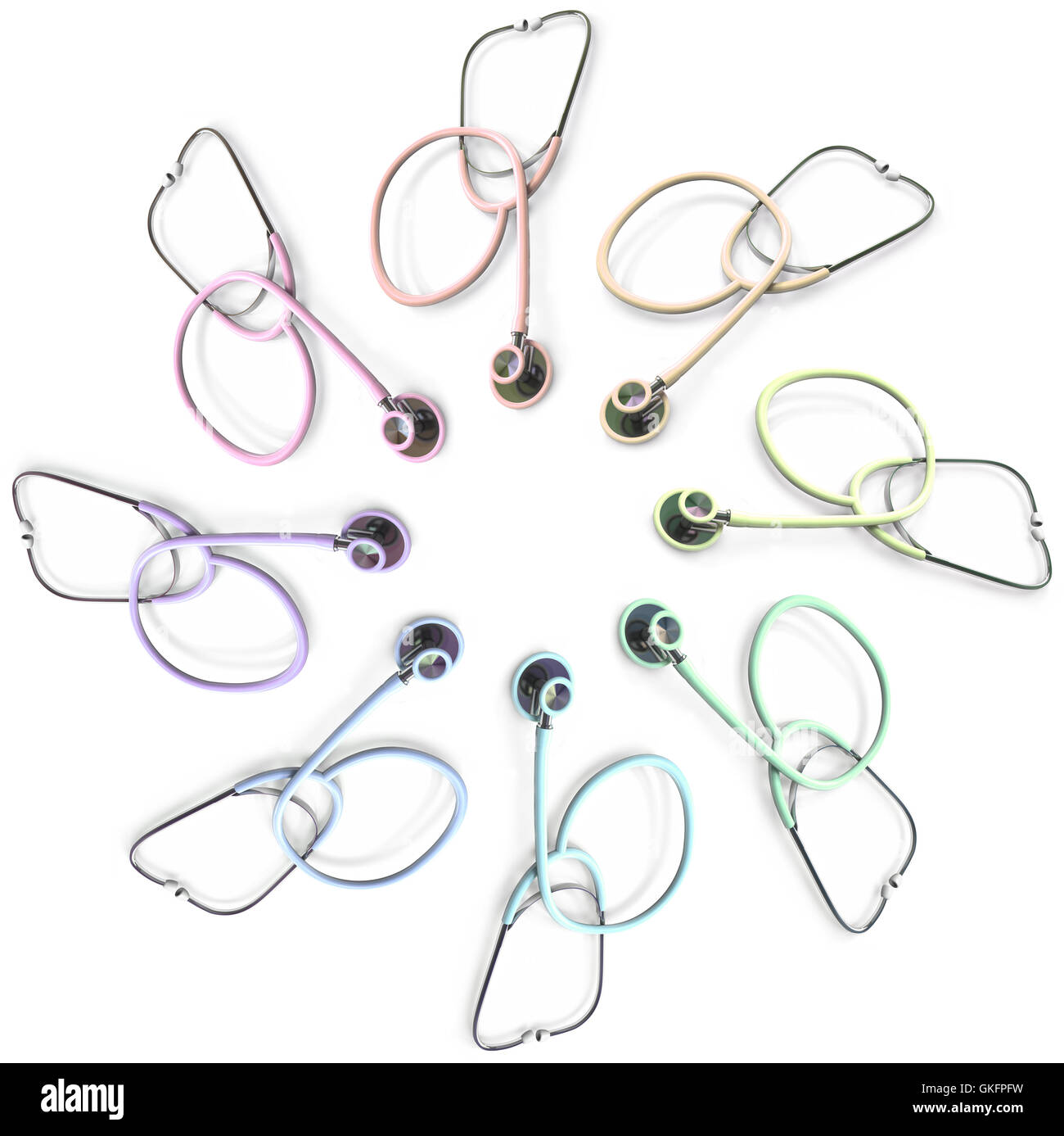 Viele farbige Stethoskope Stockfoto