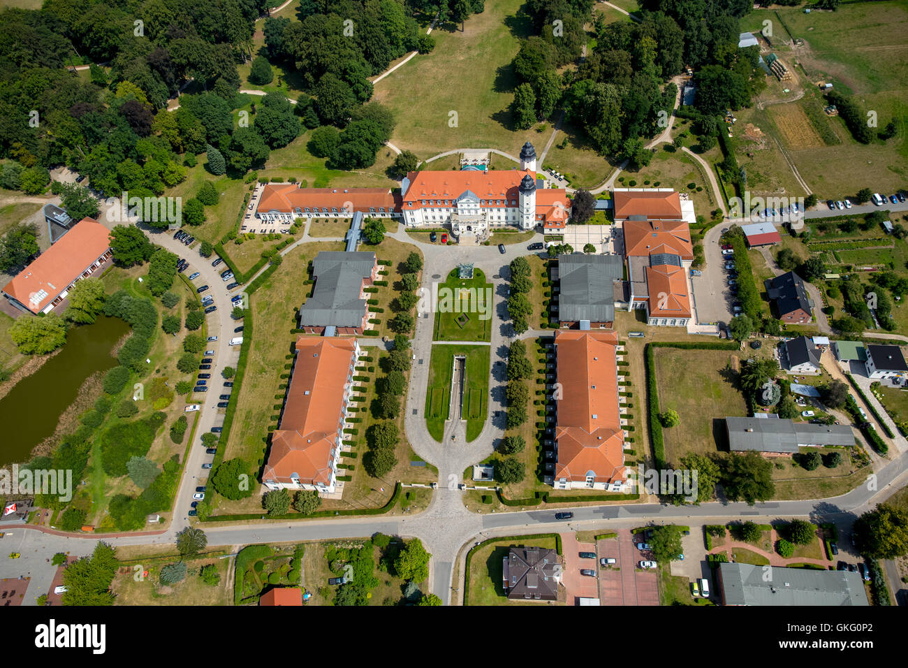 Luftaufnahme, Fleesensee, Schlosshotel Fleesensee, Schlosshotel, See Fleesensee, Göhren-Lebbin, Mecklenburg Lake District Land Stockfoto
