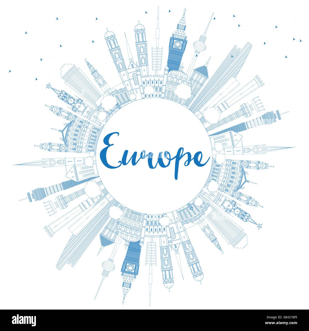 Übersicht Europa Skyline Silhouette mit blauen Wahrzeichen und Textfreiraum. Vektor-Illustration. Business-Reisen und Tourismus-Konzept Stock Vektor