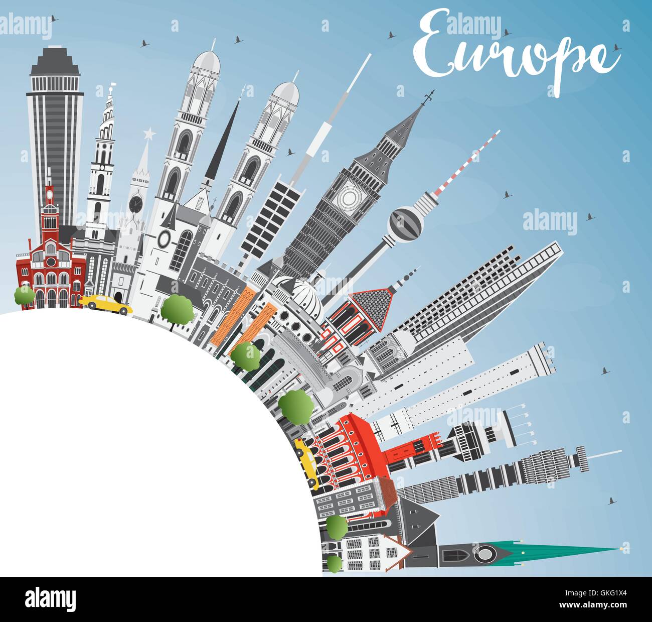 Europa Skyline Silhouette mit verschiedenen Sehenswürdigkeiten und Textfreiraum. Vektor-Illustration. Business-Reisen und Tourismus-Konzept Stock Vektor