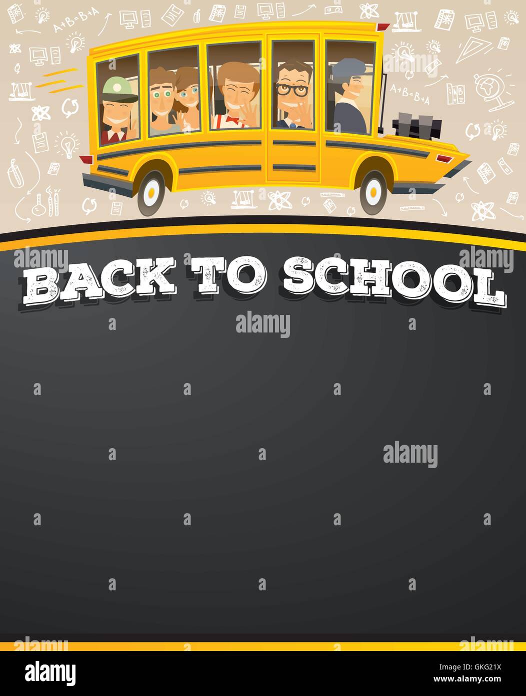 Schulbus im Cartoon-Stil mit Schülern und Textfreiraum. Zurück zur Schule auf schwarze Kreide an Bord. Vektor-Illustration. Stock Vektor