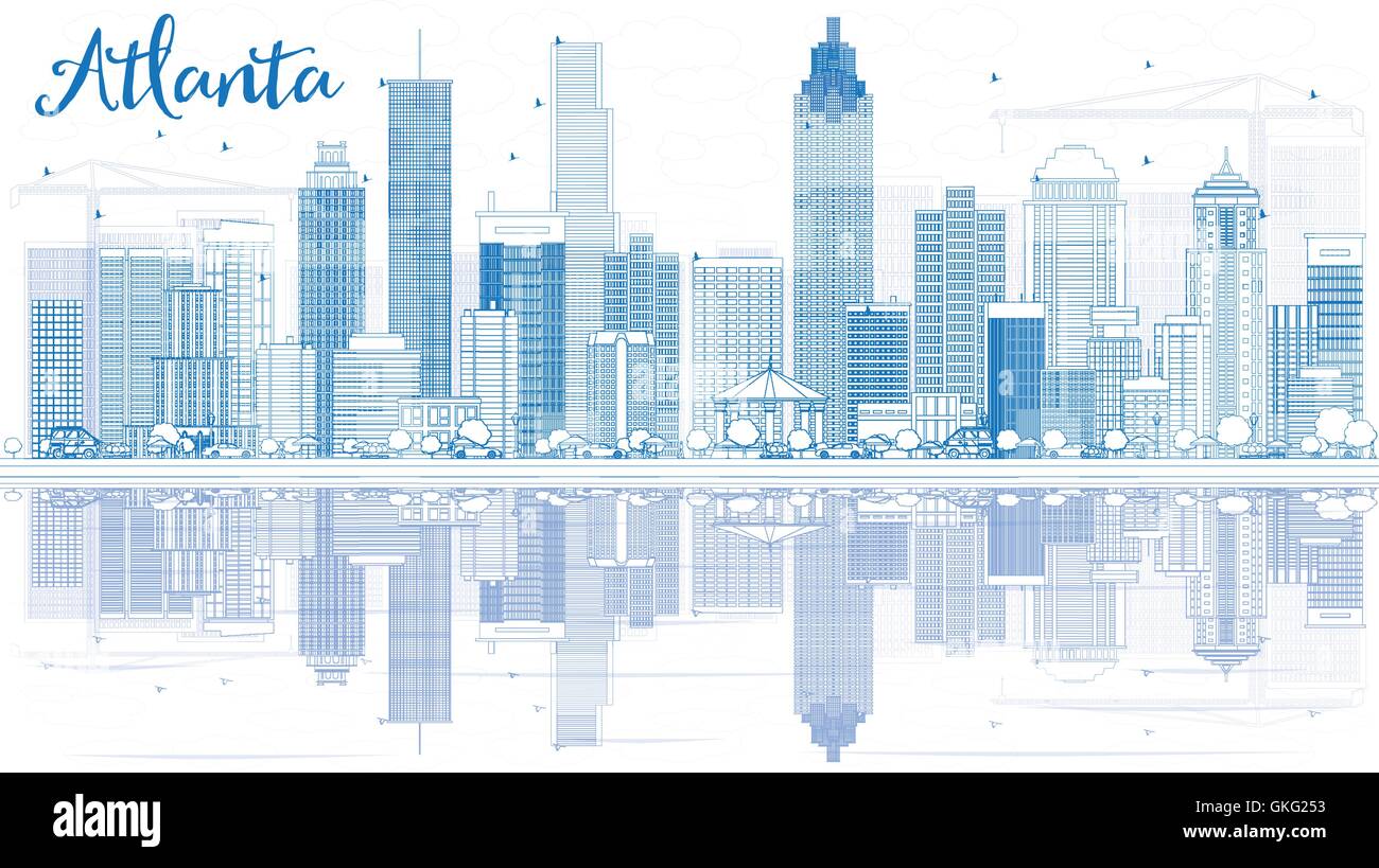 Skyline von Atlanta Umriss mit blauen Gebäuden und Reflexionen. Vektor-Illustration. Geschäftsreisen und Tourismus-Konzept Stock Vektor