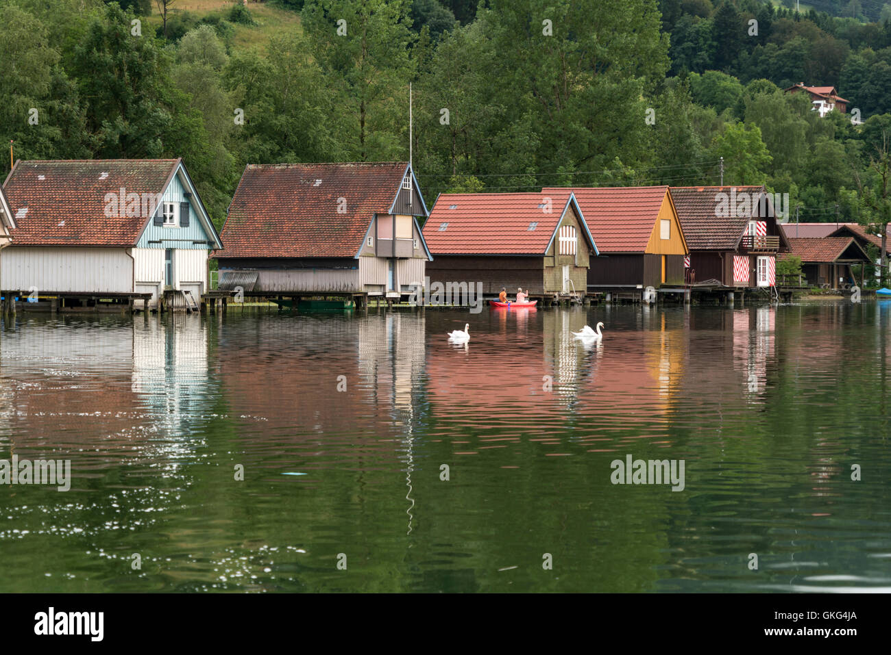 Bootshäuser am See Großer Alpsee bei Bühl, Immenstadt Im Allgäu, Oberallgäu, Bayern, Deutschland Stockfoto Bootshäuser am See Großer Alpsee bei Bühl, Immenstadt Im Allgäu, Oberallgäu, Bayern, Deutschland Stockfoto