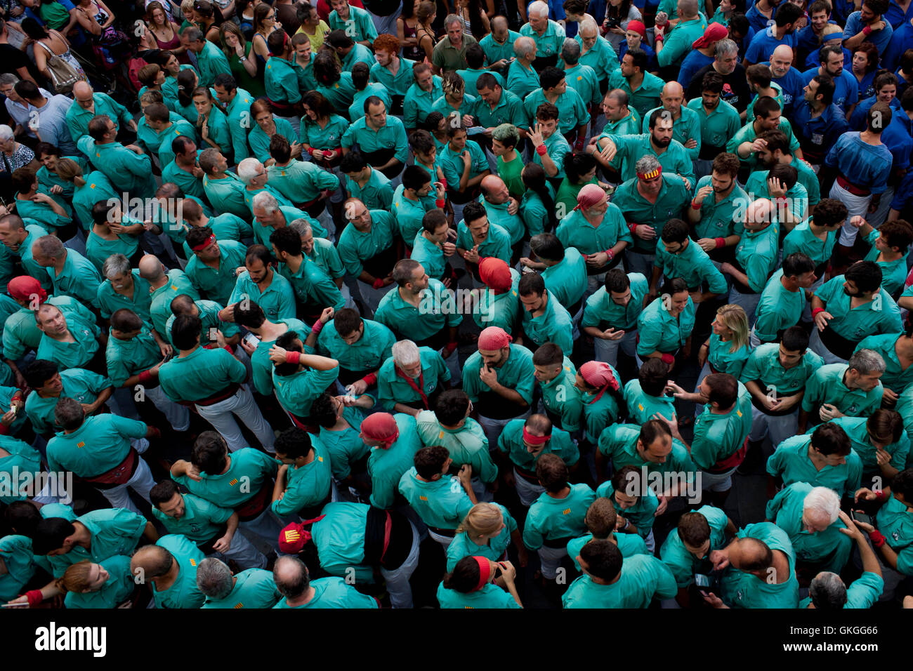 Barcelona, Katalonien, Spanien. 20. August 2016.  Castellers (Menschen, die menschlichen auf Katalanisch Türme) gelten während Les Festes de Gracia in Barcelona.  Für das Gracia Viertel Summer Festival (Festes de Gracia) der traditionellen Jornada Castellera (menschliche Türme Tag) auf dem Hauptplatz des Stadtteils katalanischen stattgefunden hat. Bildnachweis: Jordi Boixareu/Alamy Live-Nachrichten Stockfoto