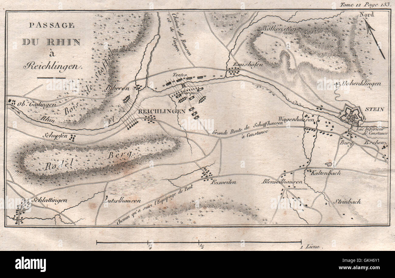 Überquerung des Rheins in Rheinklingen 1799. Stein am Rhein. Karte der Schweiz 1819 Stockfoto