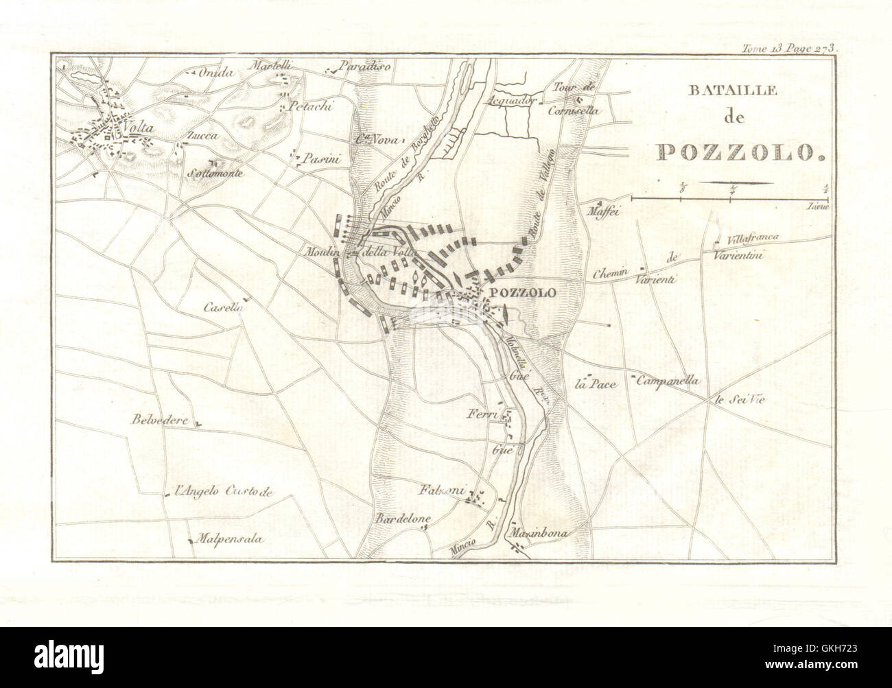 Schlacht von Pozzolo (Schlacht des Flusses Mincio) 1800, Monzambano. Italien, 1819-Karte Stockfoto