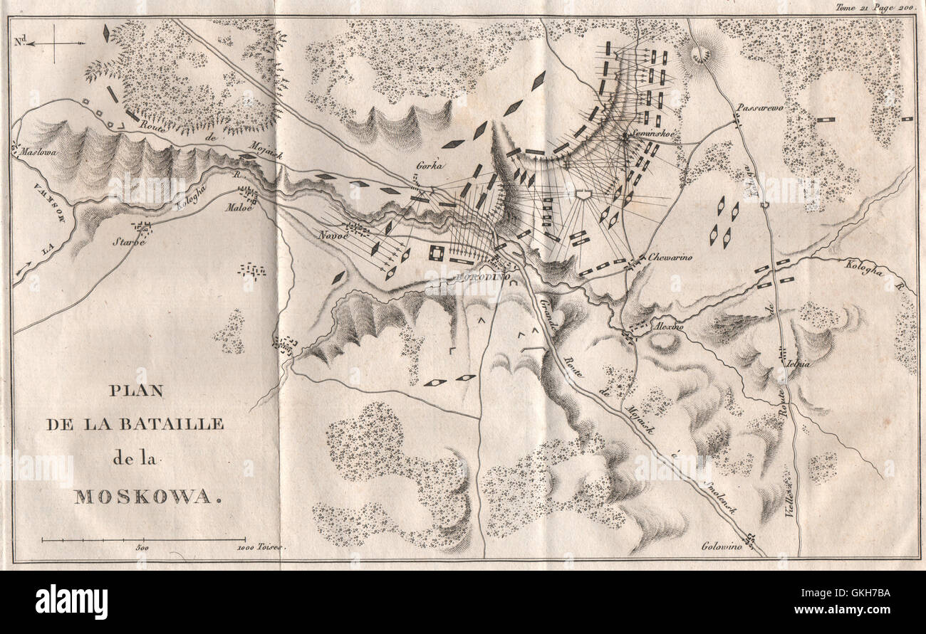 Schlacht von Borodino (Moskova) 1812. Französische Invasion von Rußland, 1820 Antike Landkarte Stockfoto