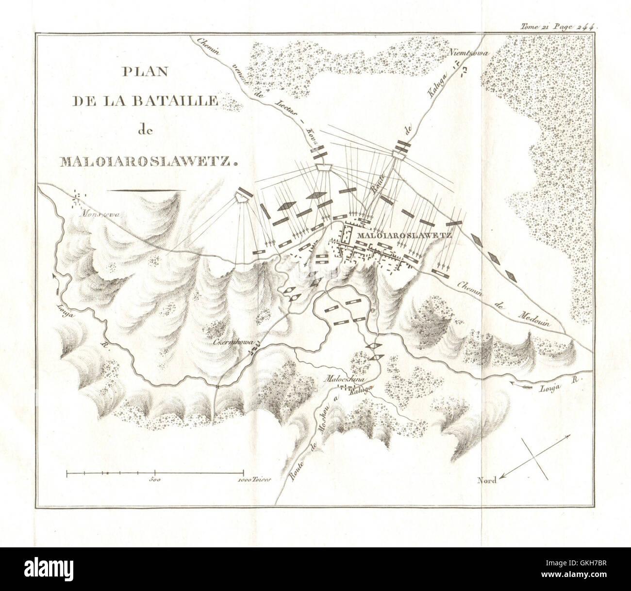 Schlacht von Maloyaroslavets 1812. Französische Invasion von Rußland, 1820 Antike Landkarte Stockfoto