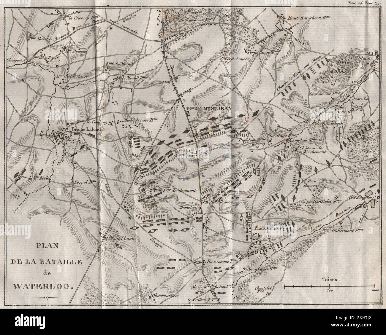 Plan der Schlacht von Waterloo 1815. Belgien, 1821 Antike Landkarte Stockfoto