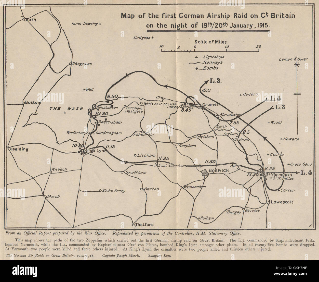 1. Deutsche Zeppelin Luftschiff L3 L4 Angriff auf England 19. Januar 1915. Norfolk, 1925-Karte Stockfoto