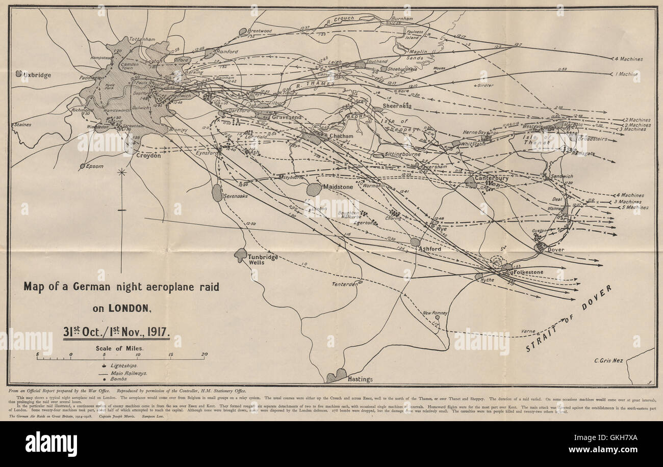 Deutsche Nacht Gotha Flugzeug Bombardierung Überfall auf London 31 Okt/1. November 1917, 1925 Karte Stockfoto
