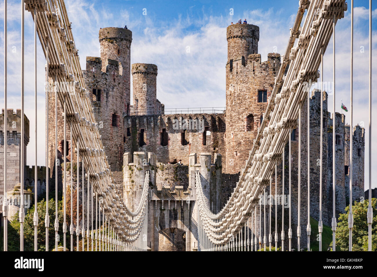 Conwy Castle und Thomas Telford der berühmten Hängebrücke, Conwy, Wales, UK Stockfoto