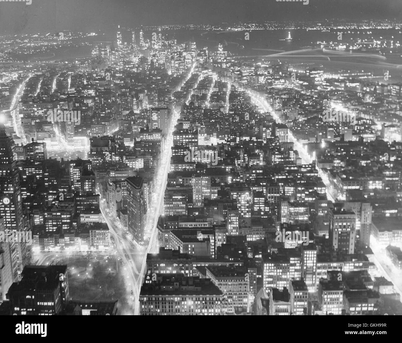 Nachtansicht, unteren Ende der Insel Manhattan und New York Harbor. Stockfoto