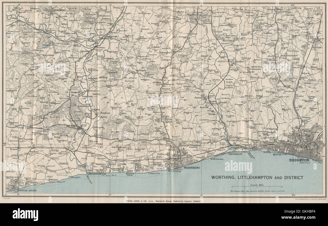 Küste von SUSSEX/South Downs. Bognor Regis-Littlehampton-Worthing-Brighton, 1933 Karte Stockfoto