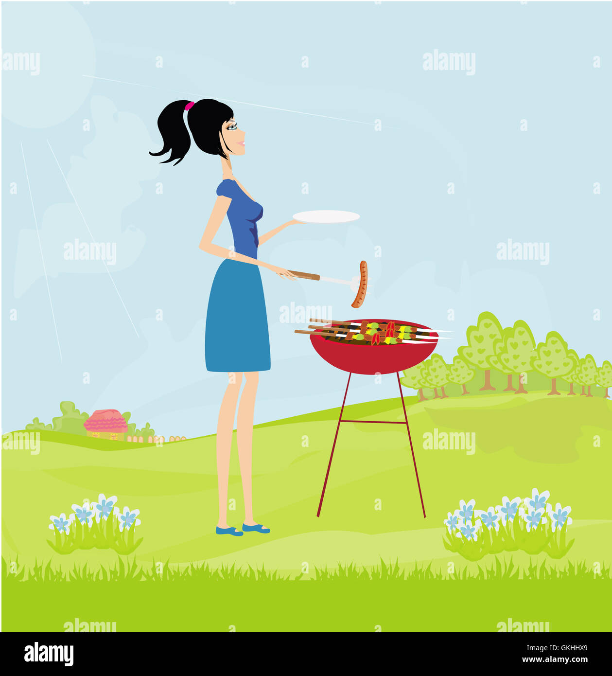 Frau, Kochen auf dem grill Stockfoto