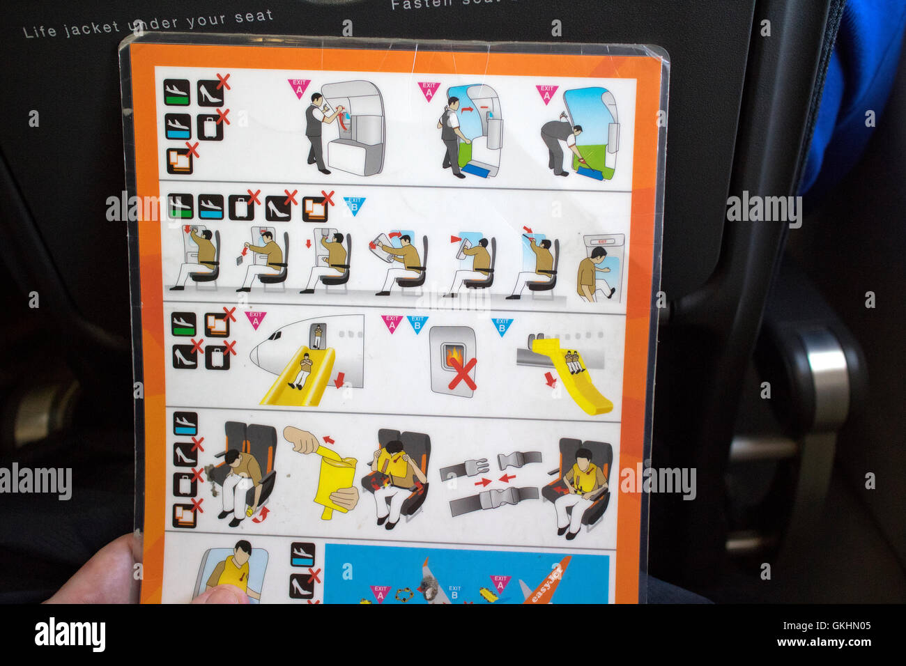 EasyJet Flugzeug Luft Passagier Broschüre Karte zeigt Notausgang Sicherheitsverfahren Stockfoto
