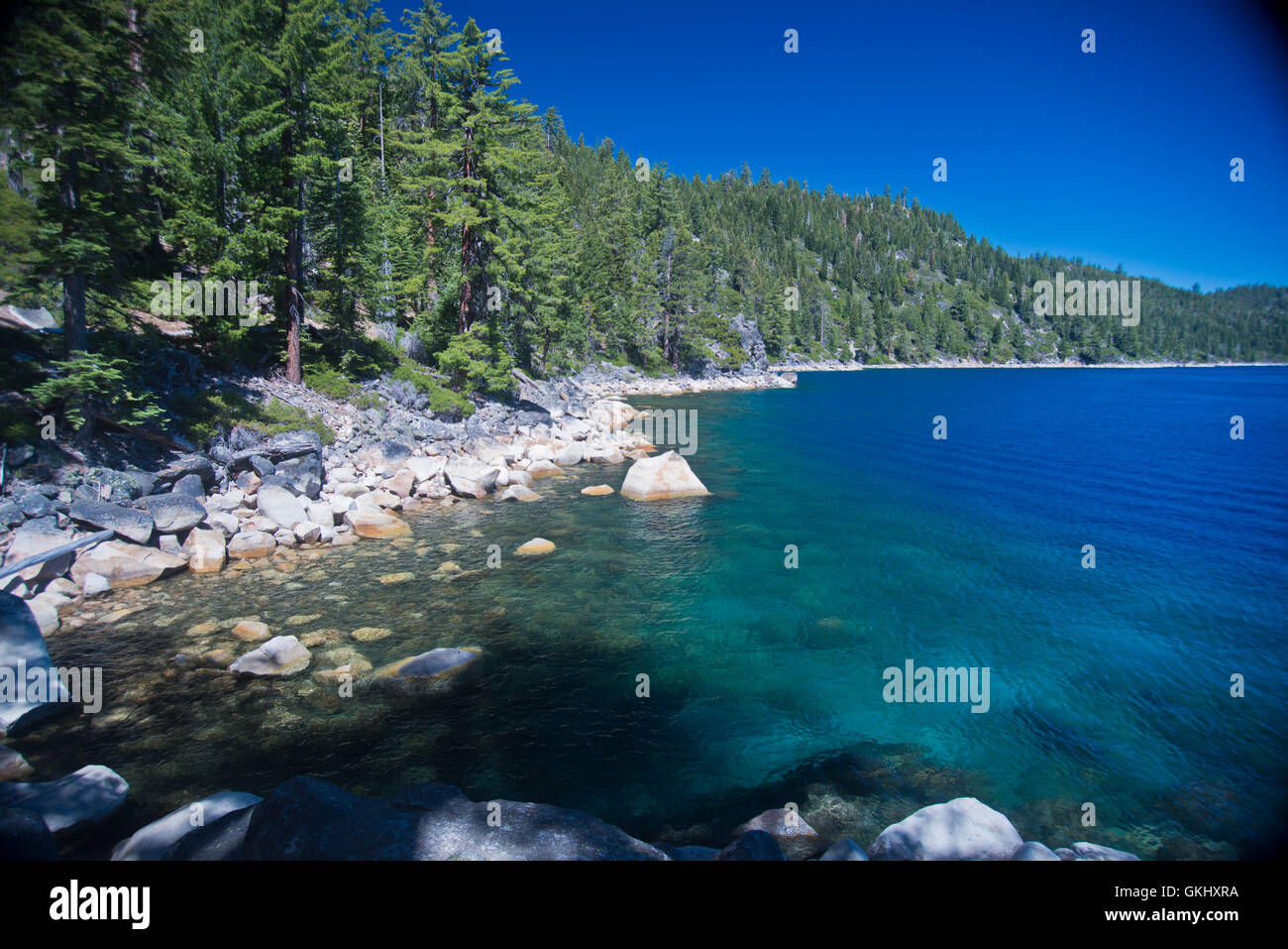 Rocky Lake Tahoe Küstenlinie an d.l. Bliss State Park, Kalifornien Stockfoto