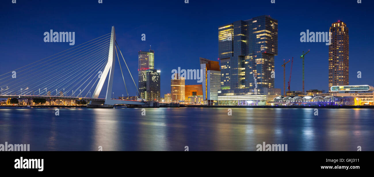 Rotterdam-Panorama. Panorama-Bild von Rotterdam, Niederlande während der blauen Dämmerstunde. Stockfoto
