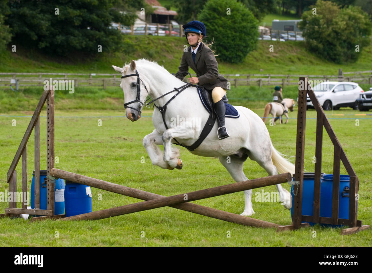 Junges Mädchen & ihr Pony springen Zäune in Golden Valley Ponyclub, Baskerville Hall, Clyro, Powys, Wales, UK Stockfoto