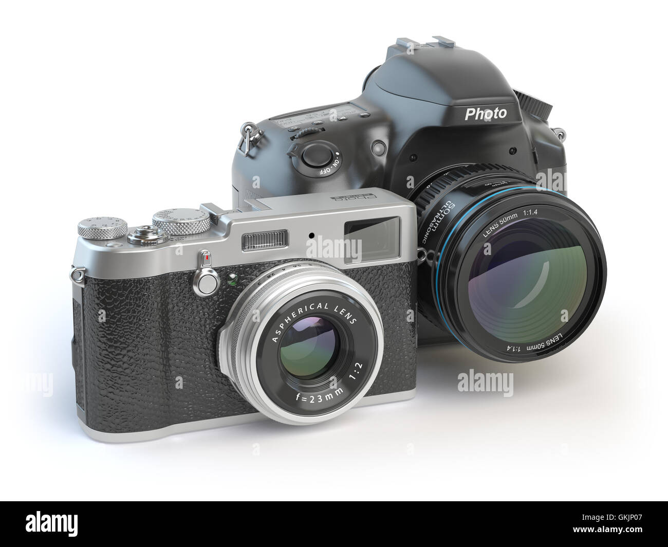 Digitale Kameras. DSLR und spiegellose stilisiert, retro Vintage Kameras isoliert auf weiss. 3D illustration Stockfoto