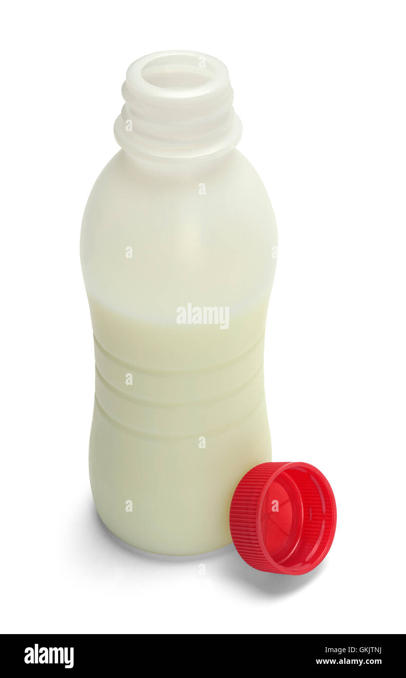 Geöffnete Flasche Milch mit roter Mütze, Isolated on White Background. Ansicht von oben. Stockfoto